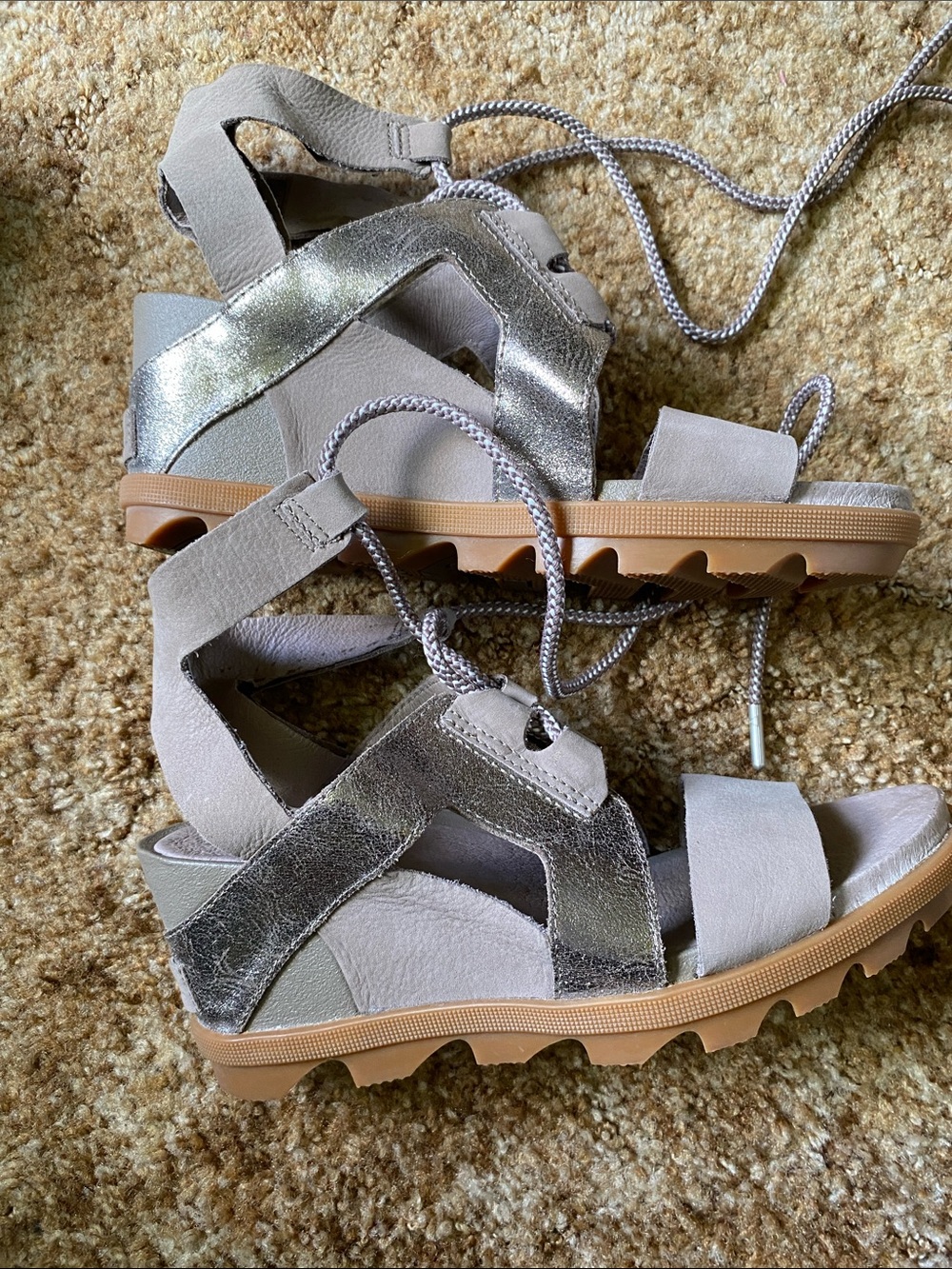 Sorel Women's Silver Metallic Lace-Up Sandal with Tan Sole